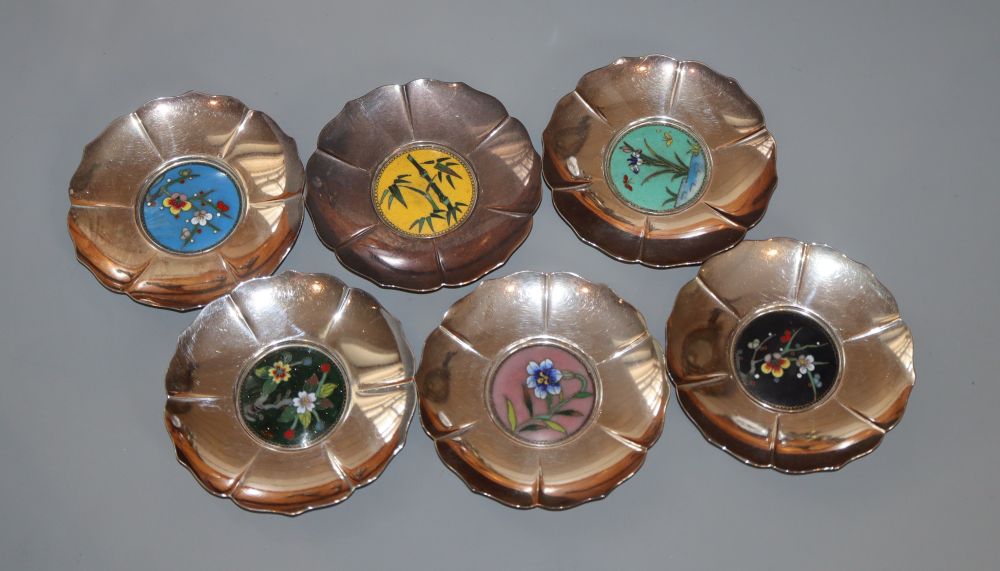 A set of six continental sterling and cloisonne enamel circular nut dishes, 81mm, gross 7.5 oz.